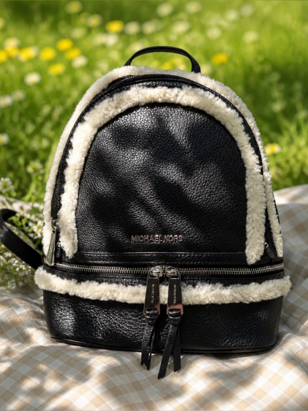 Michael Kors Rhea Leather Black & Cream Shearling Trim Medium Backpack